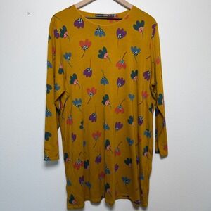 Gudrun Sjoden Women Cotton Tunic Top XXL Yellow Floral‎ Long Sleeve Lagenlook